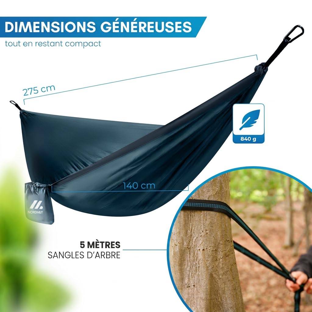 NORDMUT® Hamac Ultra Léger Outdoor [avec Kit de Fixation] – Hamac de Camping avec Kit de Protection des Arbres pour Camping, Outdoor et Jardin – Charge Max 225 kg (Bleu, 140 x 275 cm)