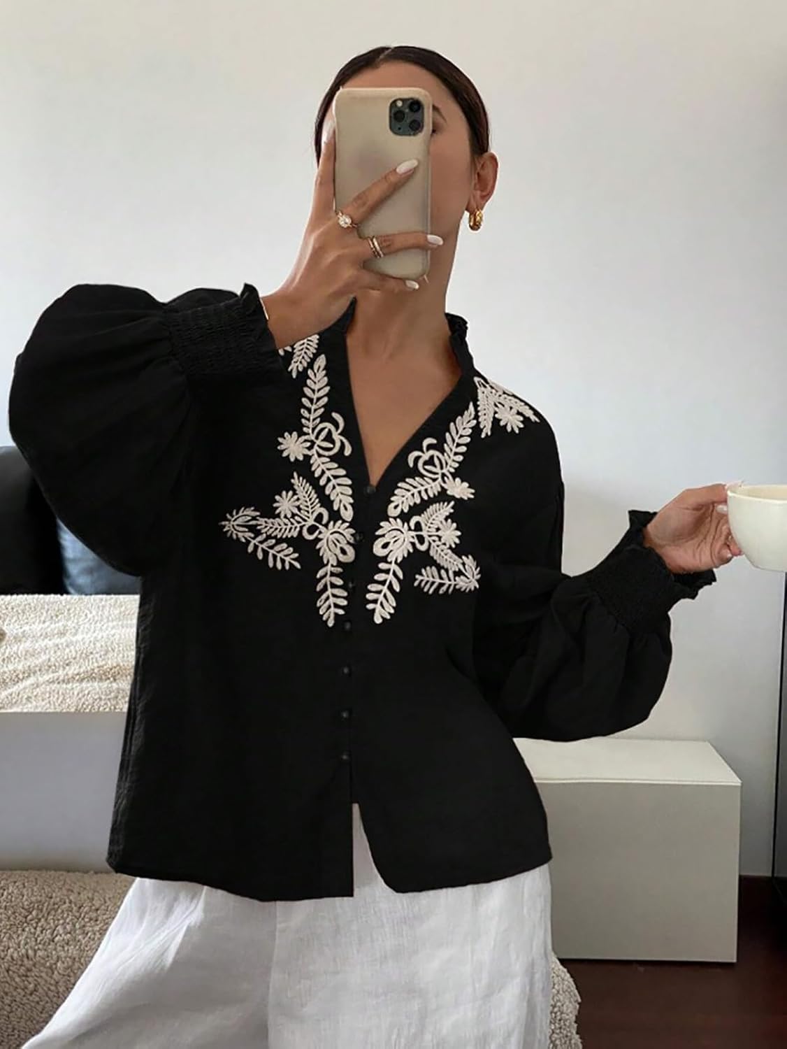 Women's Embroidered Puff Sleeve Blouse, Vintage Floral Boho V-Neck Button Down Shirts with Smocked Cuffs - Image 4