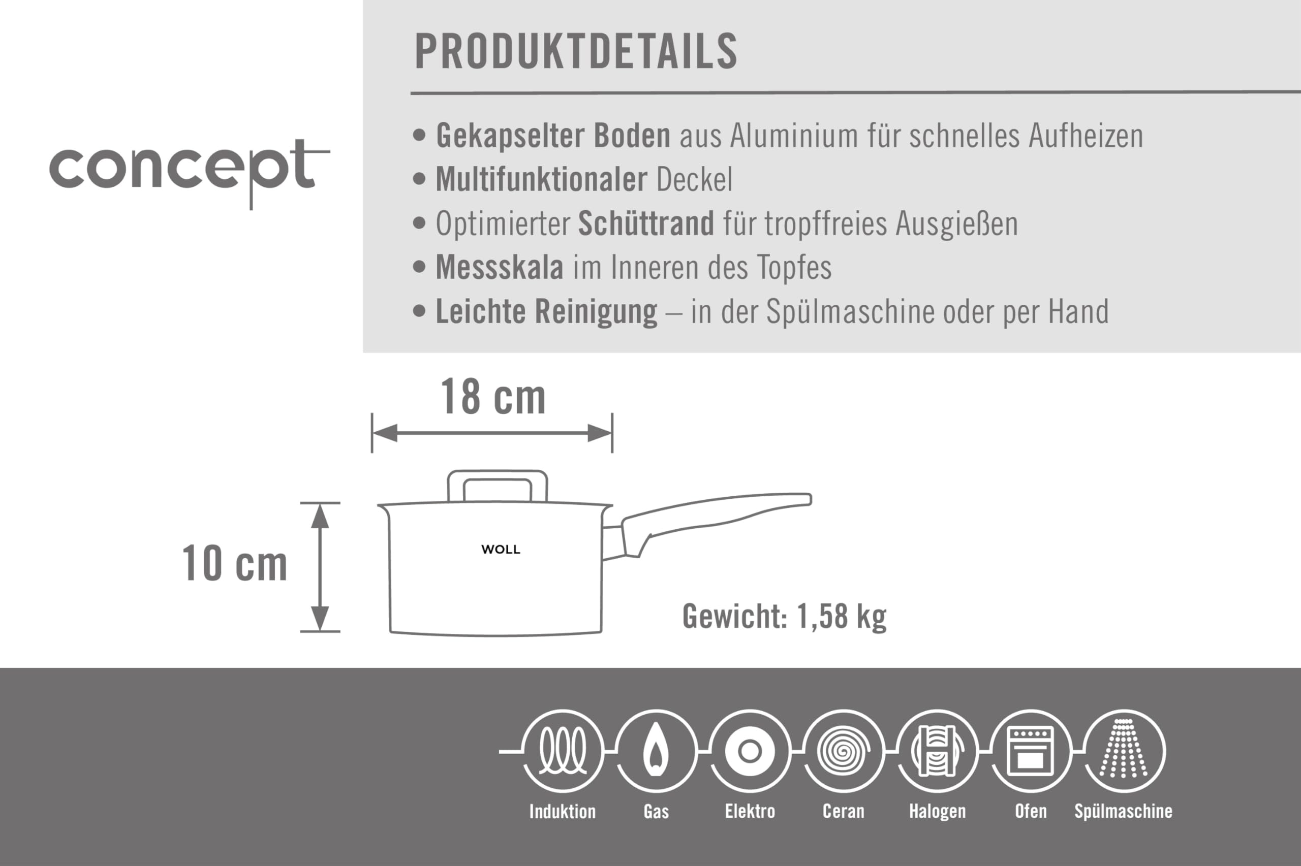 Woll Concept Stieltopf mit Deckel - Induktiv -, Ø 18 cm, 10 cm hoch, 2,5l - Geeignet für alle Herdarten, Edelstahl, backofenfest bis zu 200°, silber