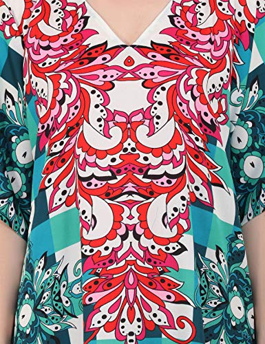 Image of Miss Lavish London Teal Check Print Kaftan Dress for Women V Neck Batwing Sleeve Maxi Beach Cover Up, Plus Size Caftan with Side Slits&Pockets, Resort Wear Swimsuit Coverup, Summer Cruise-Teal-2XL