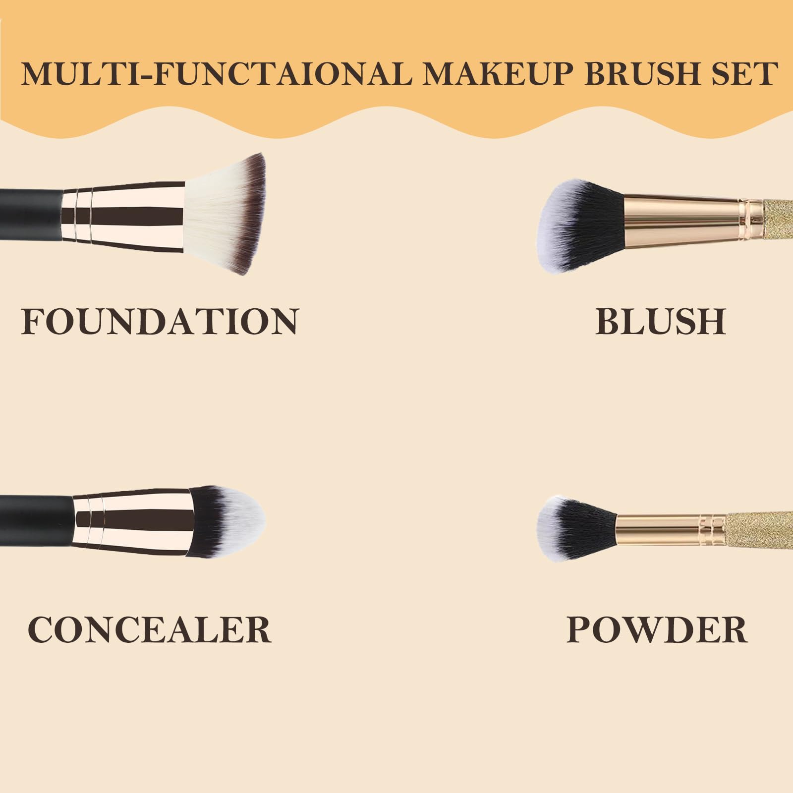 FECOVANTI Professional Makeup Brushes Duo End Foundation Contour Powder and Liquid Contour Makeup Brush Set Gold Penant