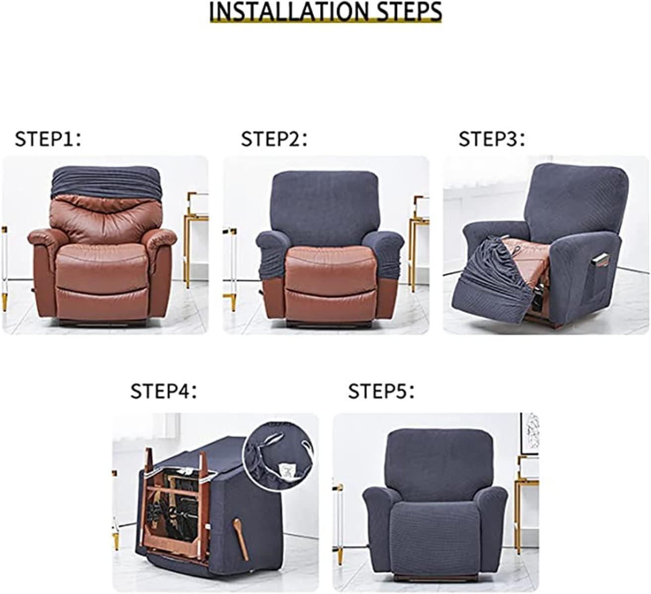 4-Piece Soft Stretch Sofa Jacquard Single Seat Couch Slipcover, Recliner Stretch Sofa Rocking Chair Washable Furniture Protector Cover with Pocket for Living Room Bed Room Hotel