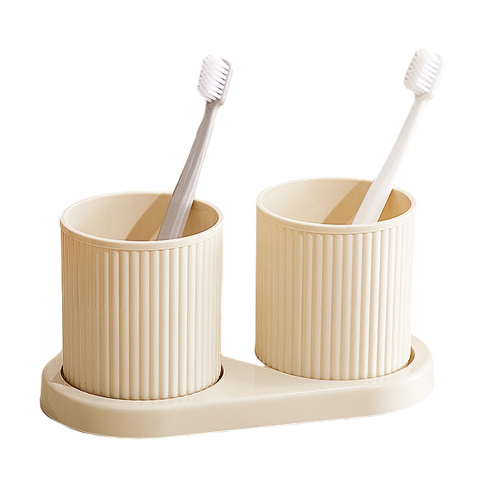 Couple Toothbrush Cup 2Pcs, with Tray Thickened Drinking Mug Reusable Toothbrush Mouthwash Cup, Bathroom Counter Organizer(Beige)