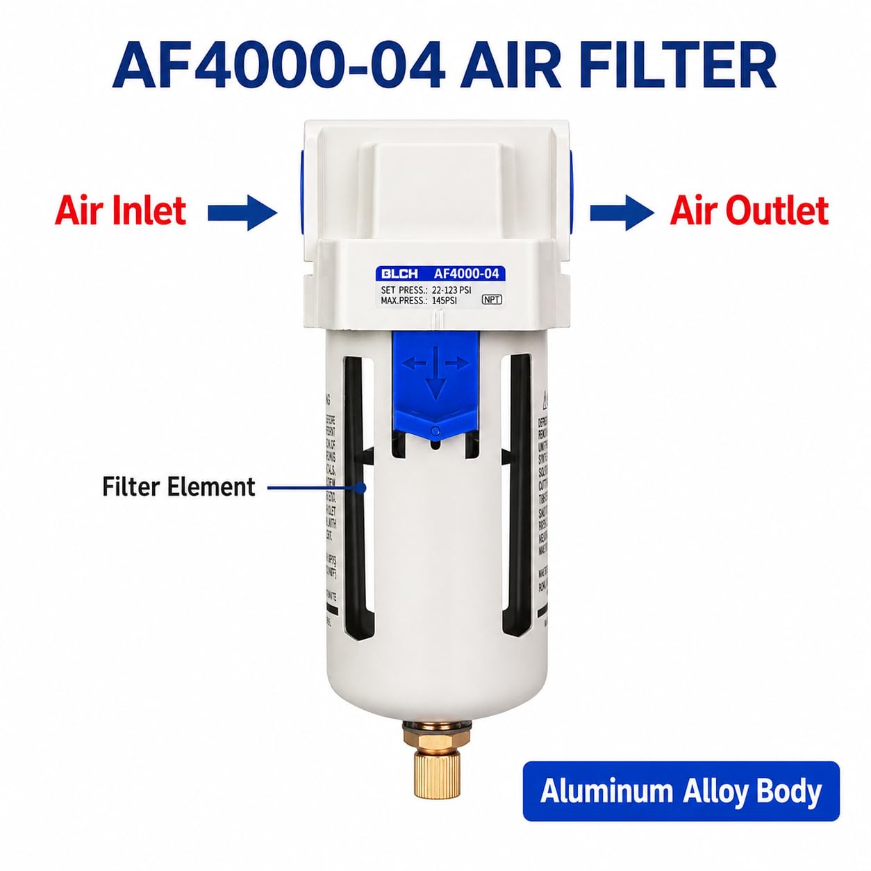 BLCH 1/2" NPT Air Line Dryer - Air Dryer for Compressor,Compressed Air Dryer Air Drying System AF4000-04 Manual Drain Poly Bowl 0-160 PSI 5μm — Amazon image 7
