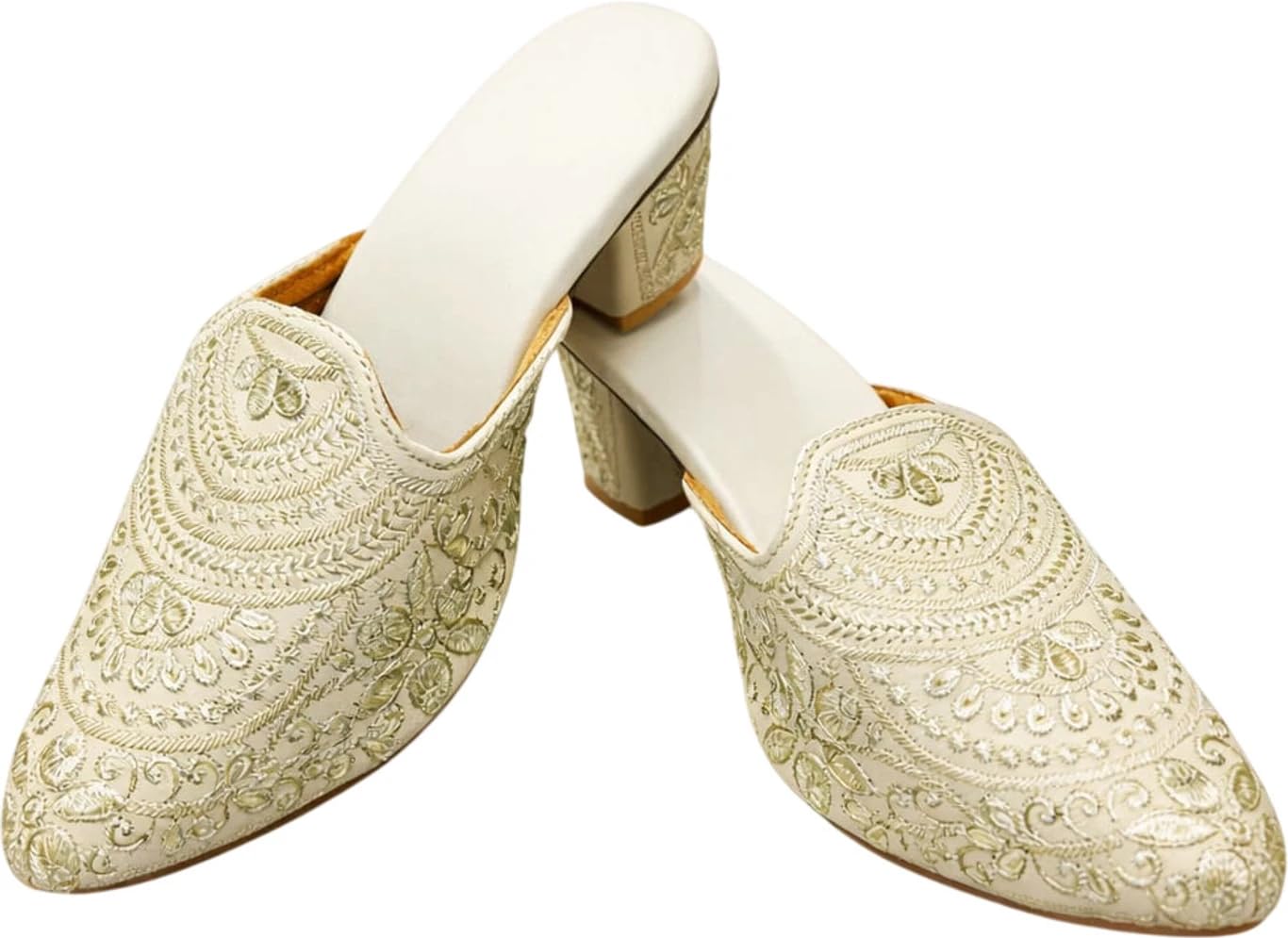 Embroidered Block Heel Mules for Women, Cream Gold, Pointed Toe, Floral Threadwork, Ethnic Slip-On Heels for Weddings-image-12