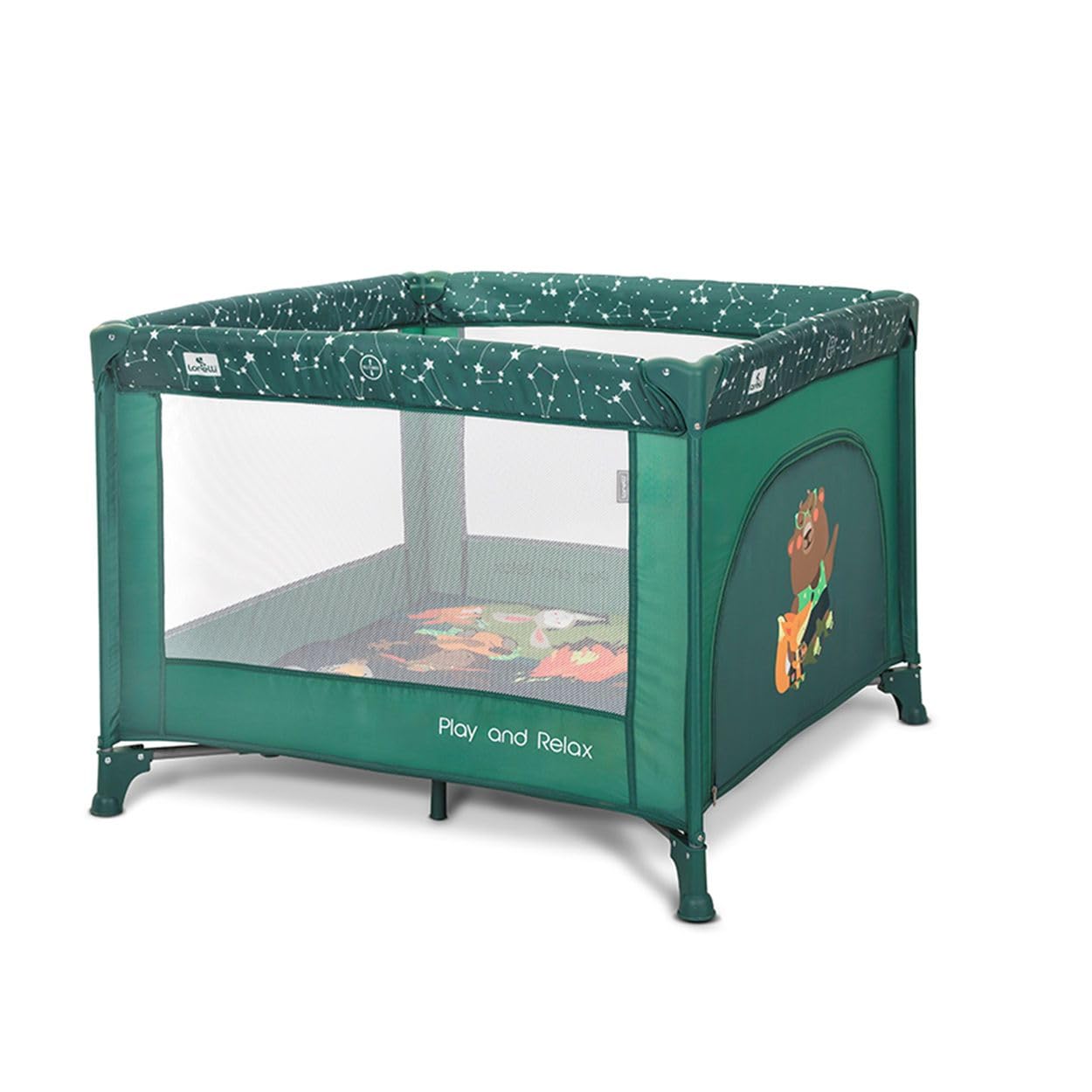 Lorelli Baby Laufstall, Playpen Play and Relax, Weicher Faltboden, kleiner Laufgitter 100x100 cm, Absperrgitter mit atmungsaktivem Netz und Reißverschlusstür, faltbarer Krabbelgitter, Grün