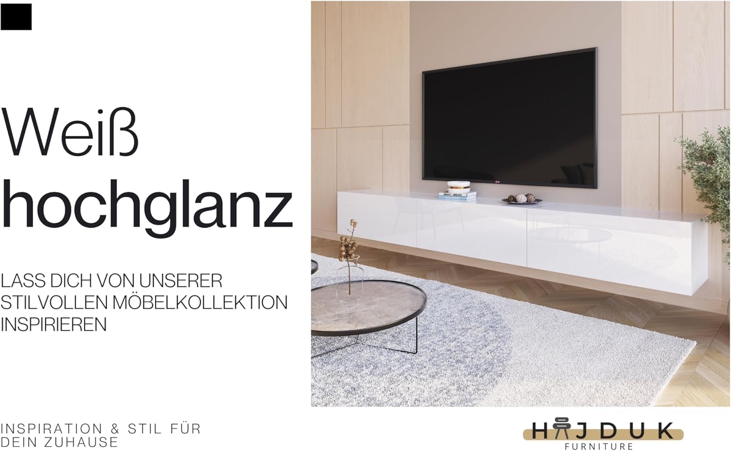 Modularer TV Schrank Weiß Hochglanz - 270 x 35 x 40 cm - Lowboard - Wandmontierte Modernes TV-Board - Wohnzimmer Möbel - Push-to-Open-System - Hängeschrank - 3 Module