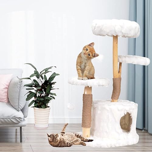 Miniatura 5 de Árbol moderno para gatos, torre de madera maciza natural, condominio de lujo de varios niveles con 2 postes rascadores, casa inferior de felpa y