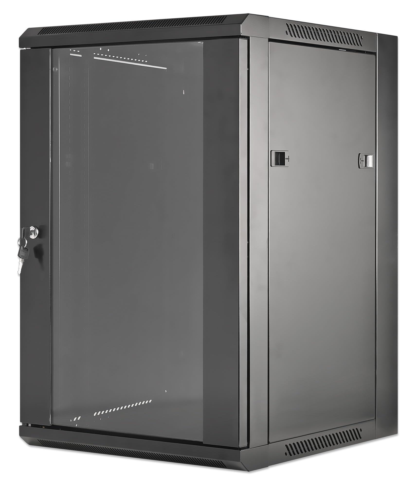 Intellinet Network Cabinet, Wall Mount (Standard), 15U, 450 mm Deep, Black, Flatpack, Max 60 kg, Metal & Glass Door, Back Panel, Removeable Sides, Suitable also for use on a desk or floor, 19 Inch