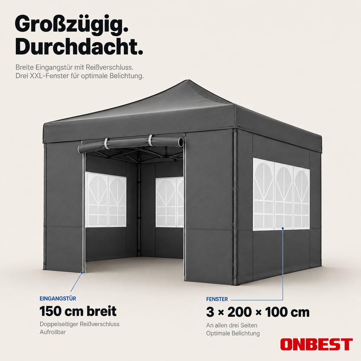 ONBEST Pavillon 3x3 m – Faltpavillon Pop-up mit Seitenwänden, Grau