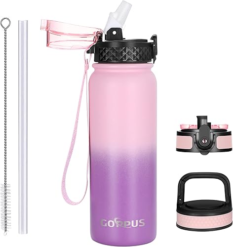 GOPPUS - Botella de agua de 20 oz para niños y niñas, con tapa de pajita, boquilla y boca ancha, de acero inoxidable con aislamiento de doble pared,