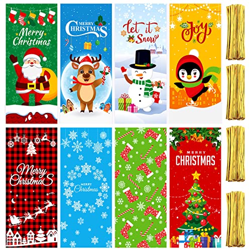 160 Pcs Christmas Cellophane Treat Bags with 200 Twist Tie Christmas Goody Bags Holiday Treat Bags Christmas Treat Bags for Party Favors Treats Candy Gifts Holiday Christmas Goodie Bags