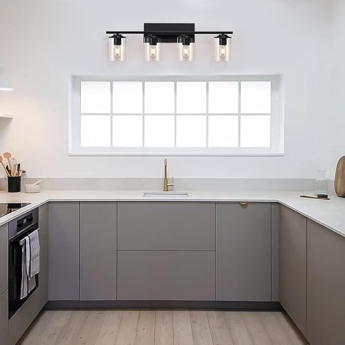 Miniatura 7 de SADENICEL Lámparas de baño de 4 luces, luces de tocador para baño, apliques de pared negros con pantallas de cristal transparente