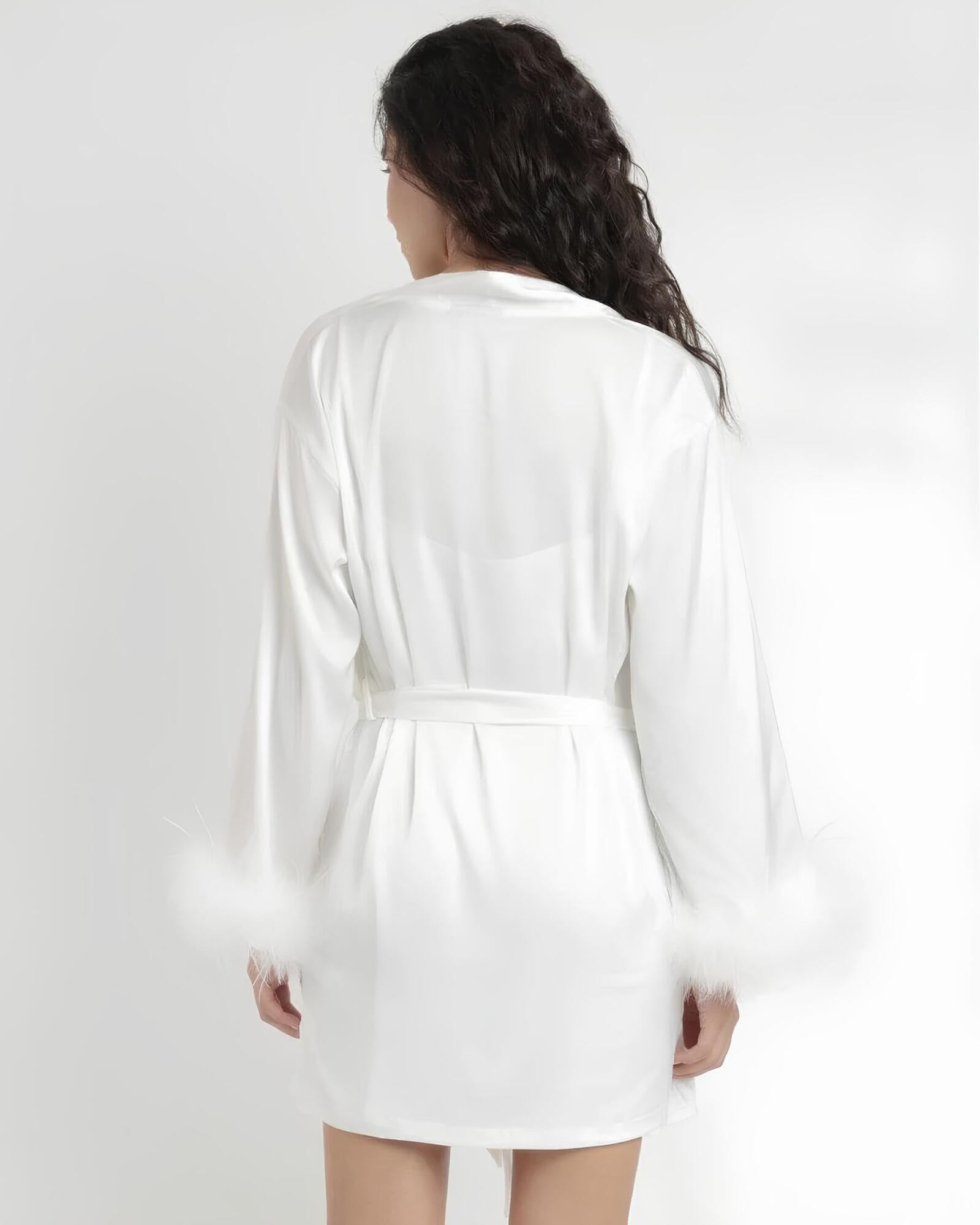 ADMAS Vestaglia Donna Sposa in Raso Satinato con Piume Removibili ai Polsi – Kimono Elegante con Cintura