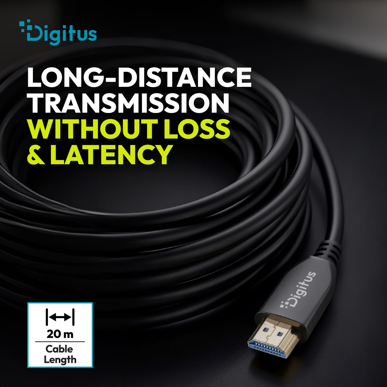 DIGITUS Cavo HDMI in fibra ottica – 20 m – UHD 8k 60Hz 4k 120Hz – HDMI 2.1 – 48 Gbps – eARC, HDR, HDCP 2.2, CEC – Cavo ibrido AOC – Contatti placcati in oro – Nero