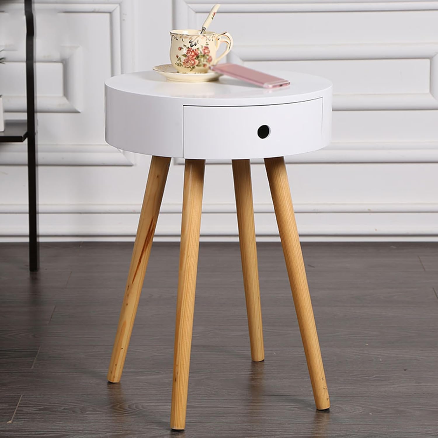 Aimery Office End Table White Bedside Table, Stable Coffee Table with Small Drawer and 4 Legs, Round End Table for Lounge Living Room Sofa Side