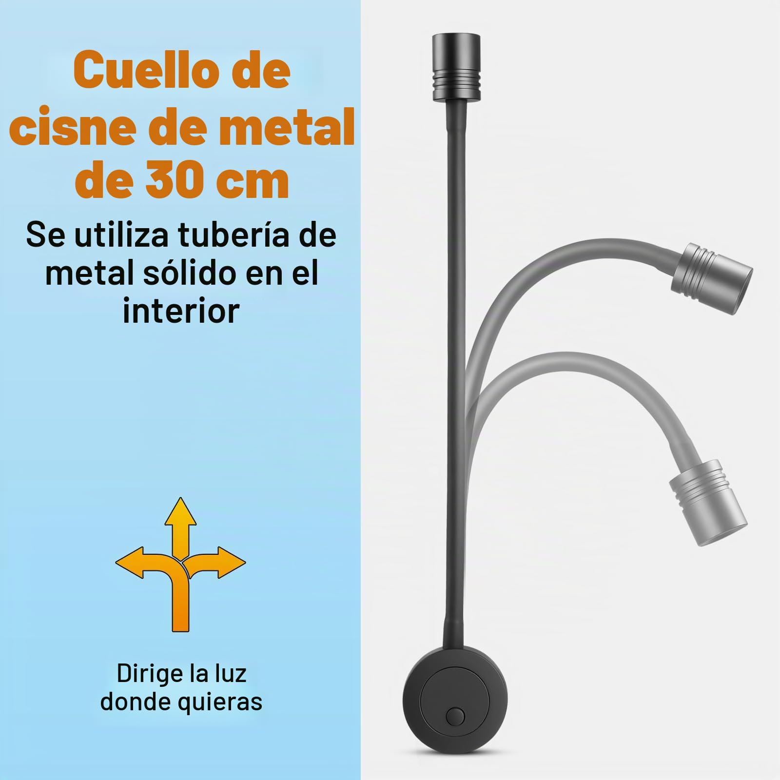 Lámpara de lectura LED 12V Camper Junto a la Cama 24V pared regulable flexible cuello de cisne para Autocaravana Furgoneta Barco Cabina, Equipado Cargador USB&Pulsador Regulador(Negro)