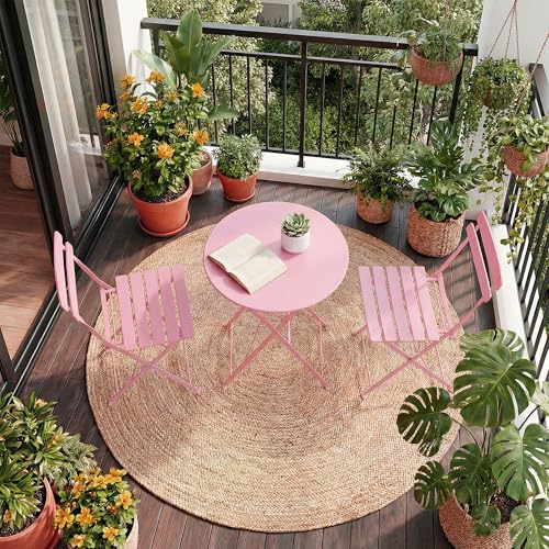 IDEALHOUSE Bistro Table and Chairs Set of 2 3-Pieces Patio Bistro Set Folding Design No Assembly Need Outdoor/Indoor Outdoor Patio Furniture Set for Balcony Yard Garden Pink