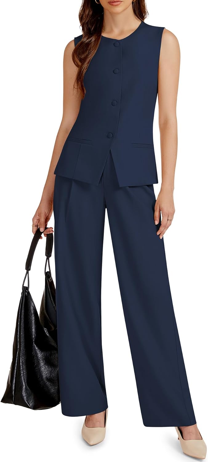 Casly Lamiit Women's 2 Piece Outfit Spring 2026 Sleeveless Suit Vest and Wide Leg Pants Business Casual Travel Blazer Sets