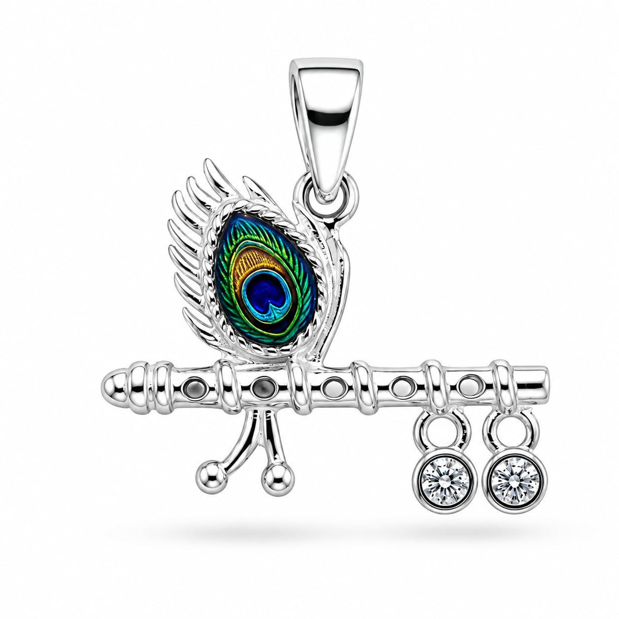 925 Sterling Silver Krishna Flute Pendant with Peacock Feather Design for Men & Women-image-21