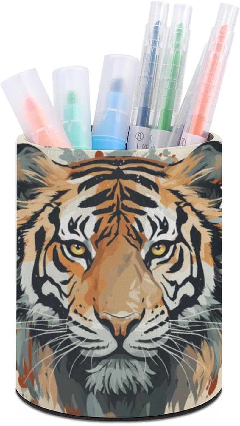 Tiger Face Round Pen Holder Desk Organizer for Office Home