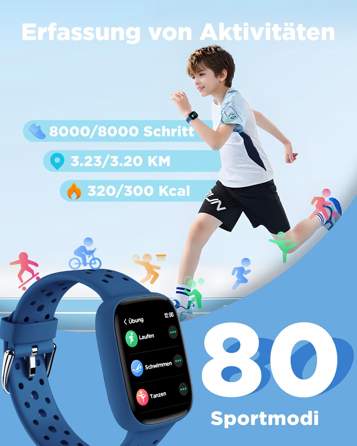 BIGGERFIVE Smartwatch Kinder, 1,8" Fitness Uhr Schrittzähler, 24/7 Puls, Schlafmonitor, Vibrationsalarm, IP68 Wasserdicht, Puzzlespiele mit/ohne App, für Mädchen Jungen Teens 5–16, Blau