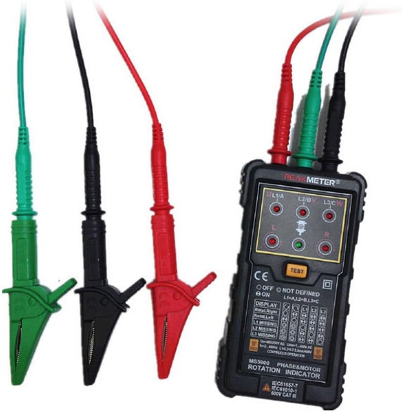 PEAKMETER MS5900 connected with red, black, and green test leads and alligator clips