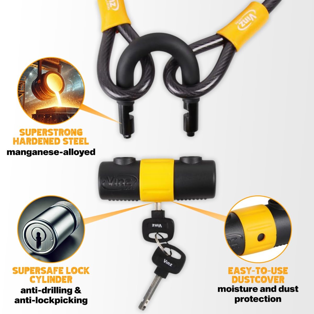 VINZ Kinabalu Cable de Sécurité avec Serrure à Clé | Cable de Verrouillage Flexible | Longueur 300 cm | Haute Résistance et Fiabilité | Idéale pour Protéger Votre Meubles, Moto, Scooter ou Vélo |...
