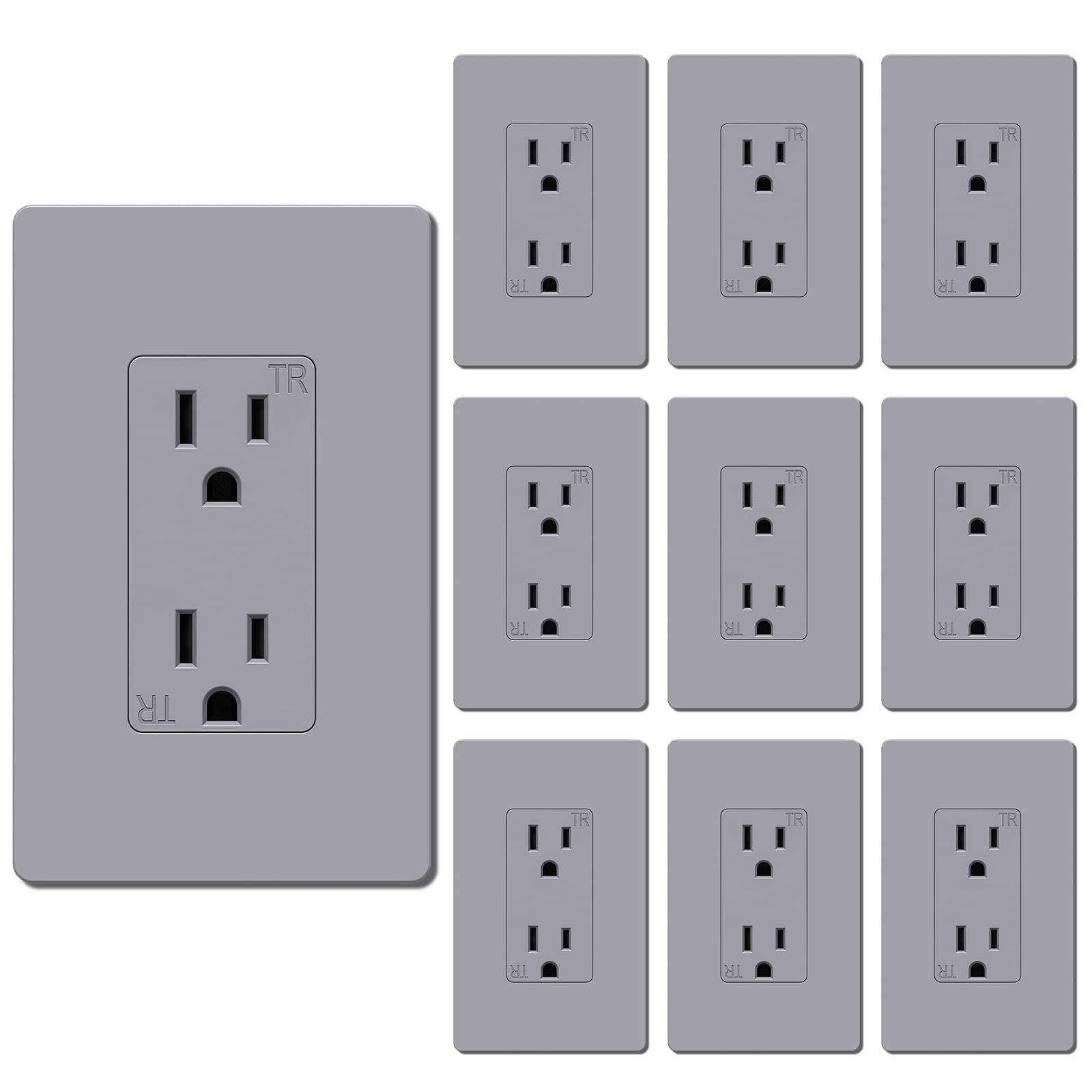 WEBANG Decorator Receptacle Outlet, Screwless Wall Plate Included, 15-Amp 125V Tamper Resistant Wall Outlet, 2-Pole, 3-Wire Self-grounding, ETL Listed, 10 Pack, Grey