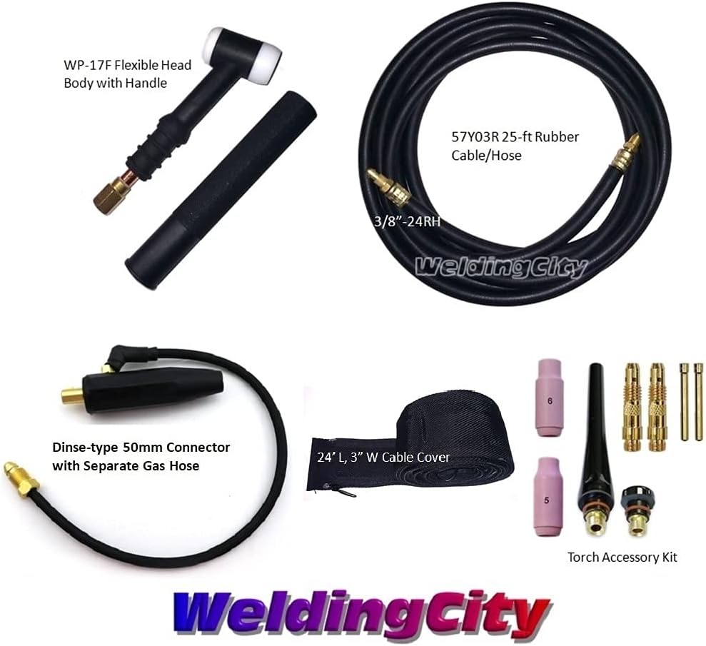 WeldingCity 150-amp WP-17F (Flexible Head) Air-cooled TIG Welding Torch Complete Package with 25-ft Power Cable Hose and Dinse 35-50 (Solid 1/2"-pin) Cable Adapter (with Separate Gas)