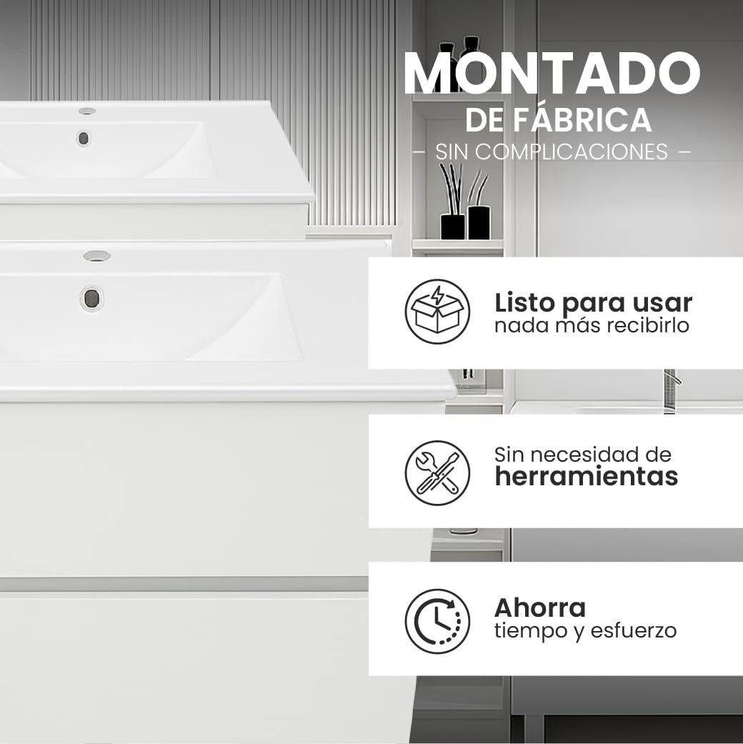 Juego Mueble Baño con Lavabo. Mueble Lavabo 80 cm. Mueble Bajo Lavabo Compacto Preinstalado de Fábrica. Mueble Baño con Lavabo 80 cm con Pie de Porcelana. No Incluye Espejo.
