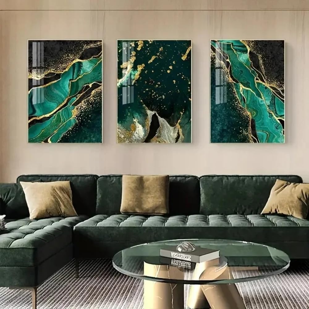 HURCP Set Of 3 Canvas Poster Abstract Fluid Golden Green Agate Light Modern Emerald Wall Art Prints Gift Bedroom Living Room Dorm Gallery Corridor Decor Picture,50x70 CM (19.7x27.6 In)