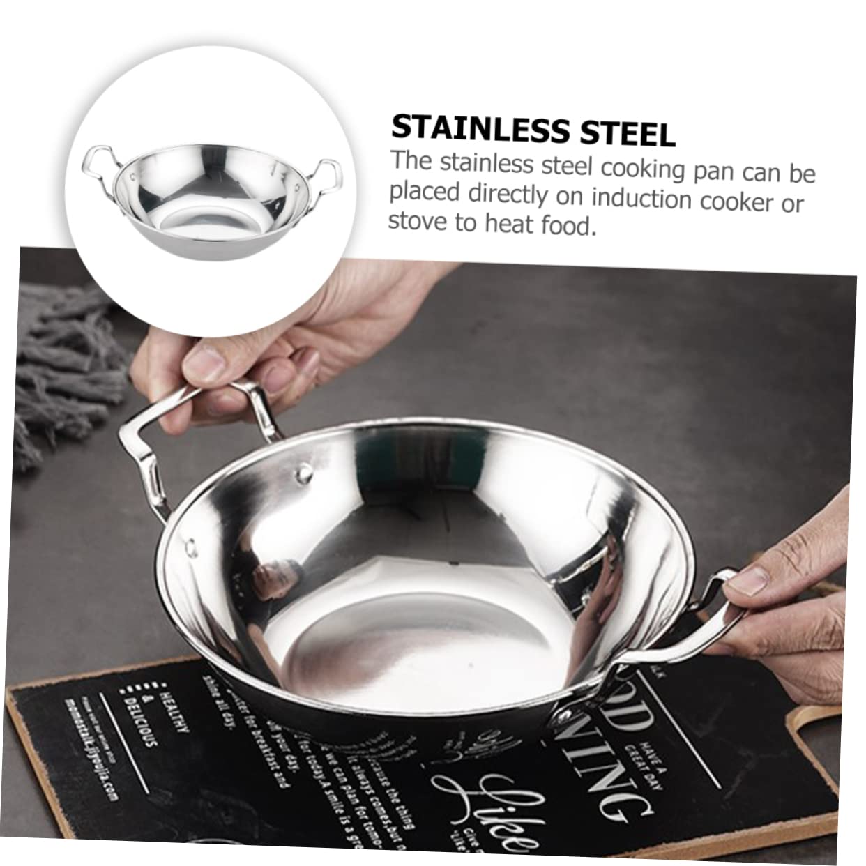 Plancha redonda de uso diario Sartén de cocina Sartén de cocina Utensilios de cocina para restaurante Utensilios de cocina de acero inoxidable Olla de cocina Olla de cocina de doble asa Sartén de 4