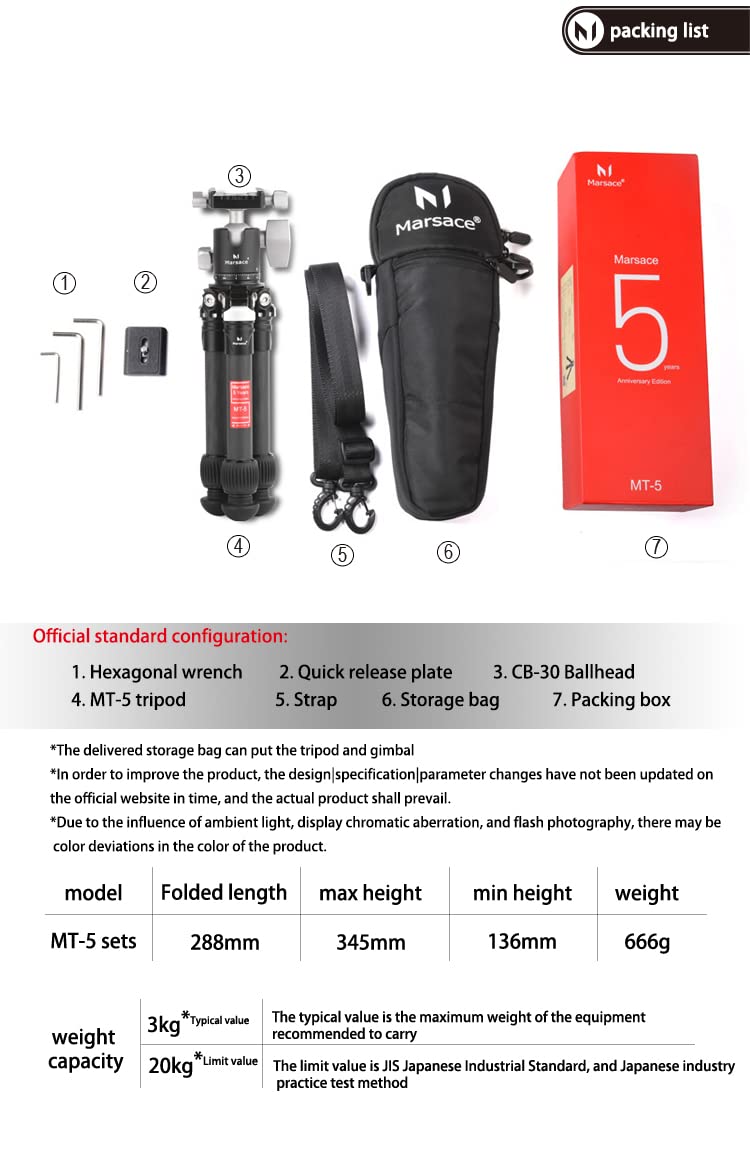 Marsace MT-5 - Treppiede da tavolo, in lega di alluminio, con testa a sfera a 360 gradi e piastra a sgancio rapido, leggero e portatile, per fotocamere compatte, DSLR, telefono, Gopro
