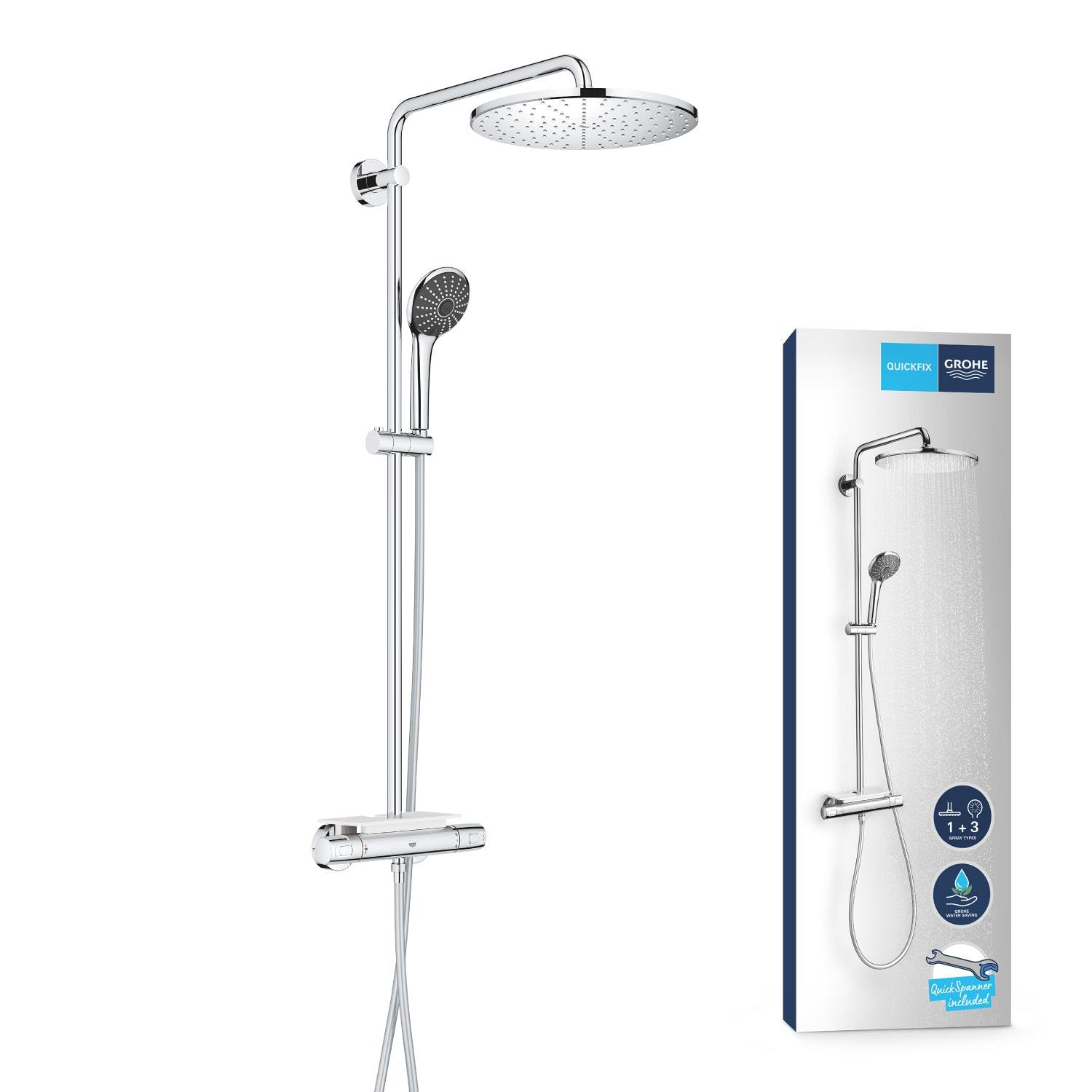 GROHE Colonne de douche avec mitigeur thermostatique Vitalio System 310, tablette incluse, tête de douche 310mm, barre orientable, douchette Vitalio Joy 310 3 jets, chromé, 26401001 (Import Allemagne)