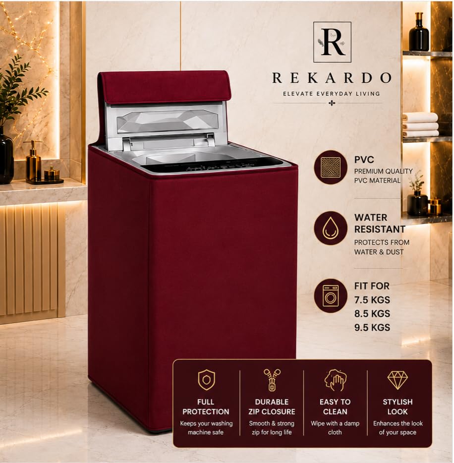 Image of REKARDO Polyvinyl Chloride (Pvc) Waterproof Semi Automatic Washing Machine Cover for (LG - Life Good) 8.5kg, 9kg, 9.5kg Model (Maroon) | Dust Protection | Scratch Resistant | Durable PVC | Moisture Shield | Easy Clean | Reusable | Snug Fit