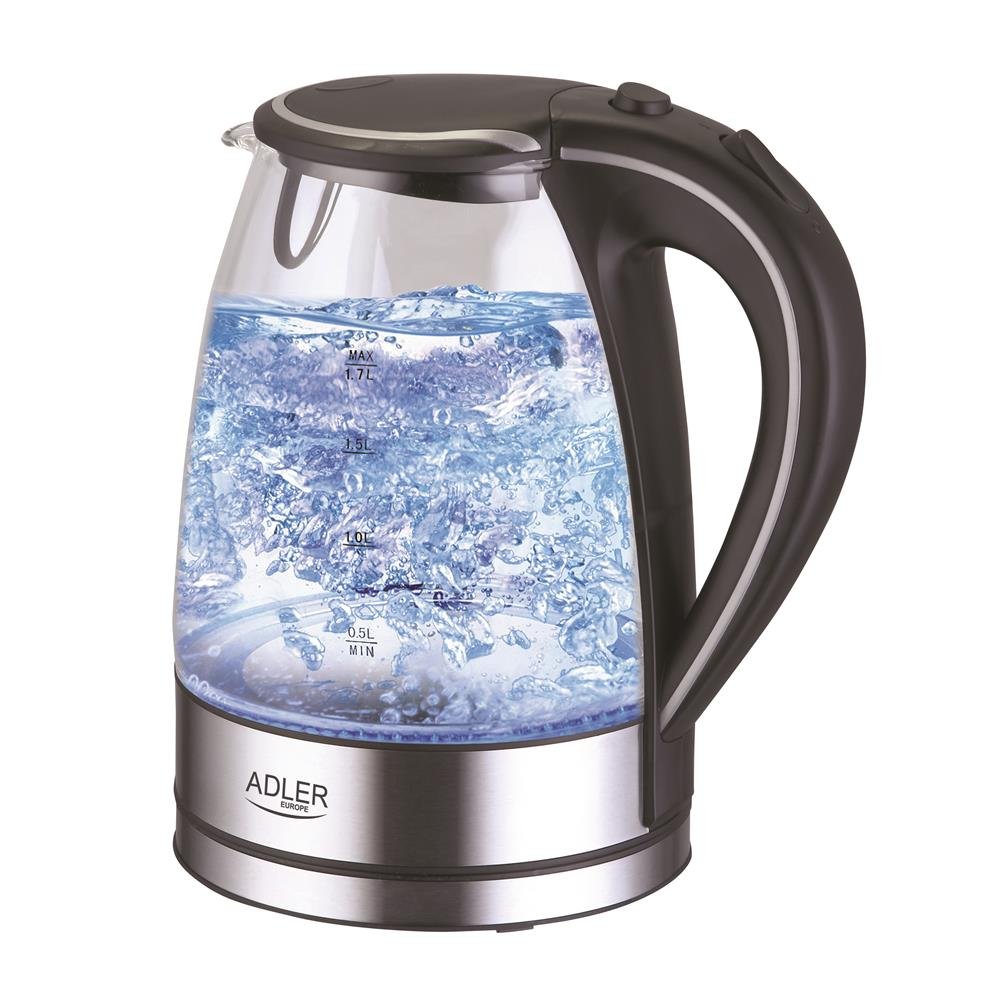 Adler HKK00573 AD 1225 Bouilloire, 2000 W, 1.7 litres, Noir, Argent, Transparent 1 pièce