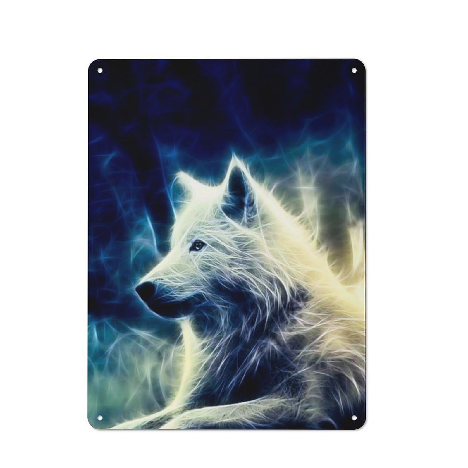 Junmoney Wolf White Fractal Distressed Look Decorative Tin Sign 40X30cm, Retro Room Decor For Lounge, Study, Pub Or Wall Gallery