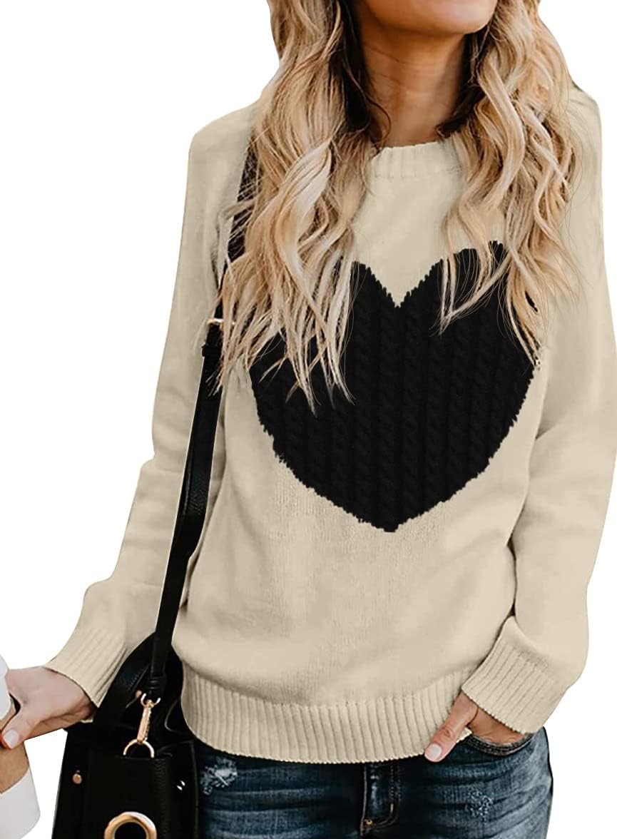 QIXING Women's Pullover Sweater Round Neck Long Sleeve Heart-Shaped Sweater