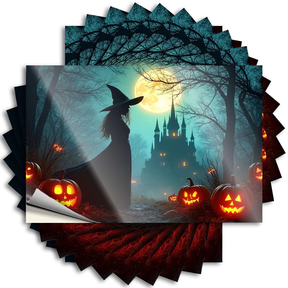 Sticker Learner Driver for Car: Wall Art Peel and Stick Halloween Witch with Pumpkins in Front of A Castle. Vintage Coffee Coated New(12X18CM-6Pcs)