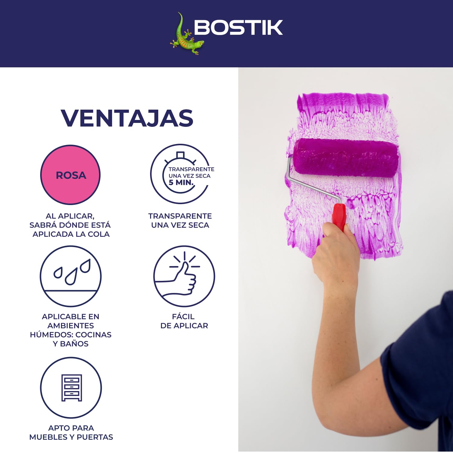 Bostik, Klej do tapet, wszelkiego rodzaju tapety, Odporny na wilgoć, Gotowy do użycia, Do użytku z wałkiem lub pędzlem, Klej do malowania, Różowy, 1 kg