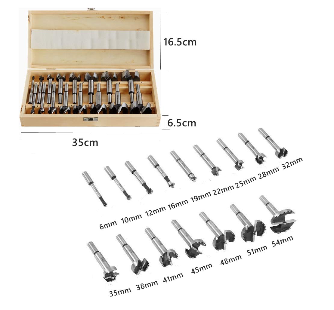 Nisorpa Forstner - Set di 16 punte per trapano Forstner, 6-54 mm, per lavorazione del legno, per legno, per lavorazione del legno, mobili, fori per cerniere