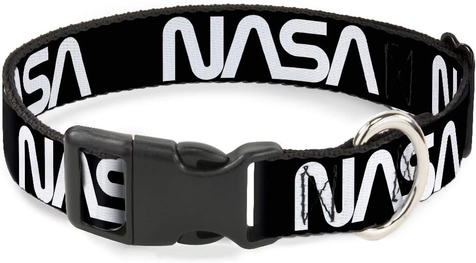 Buckle-Down Pet Collar, Dog Collar Plastic Buckle, NASA Text Black White, 20 to 31 Inches 1.5 Inch Wide