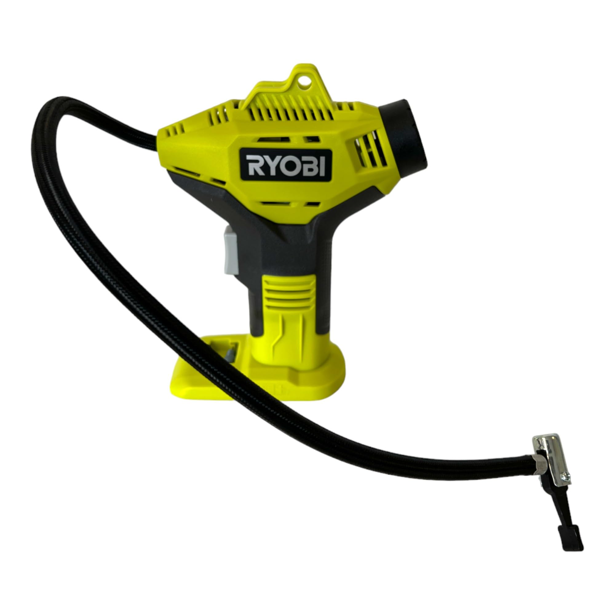 Ryobi Compresseur de Loisirs 18V Gonfleur Livré avec 1 Batterie Lithium+ 18V 2,0 Ah, 1 Chargeur Rapide 2,0 A et 3 Embouts de Gonflage pour Pneus de Voiture, Vélo, Ballons et Autres R18PI-120GJ
