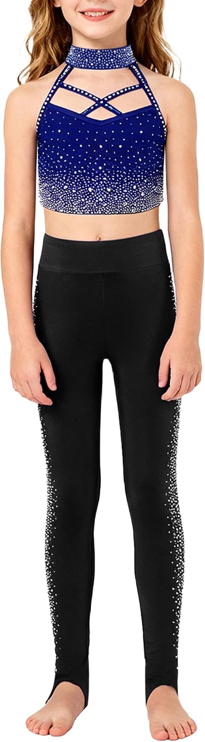 Kids Girls Rhinestone Crop Top Vest And Leggings Dance Outfit Yoga Figure Skating Ballet Gym Wear Navy Blue 16 Years