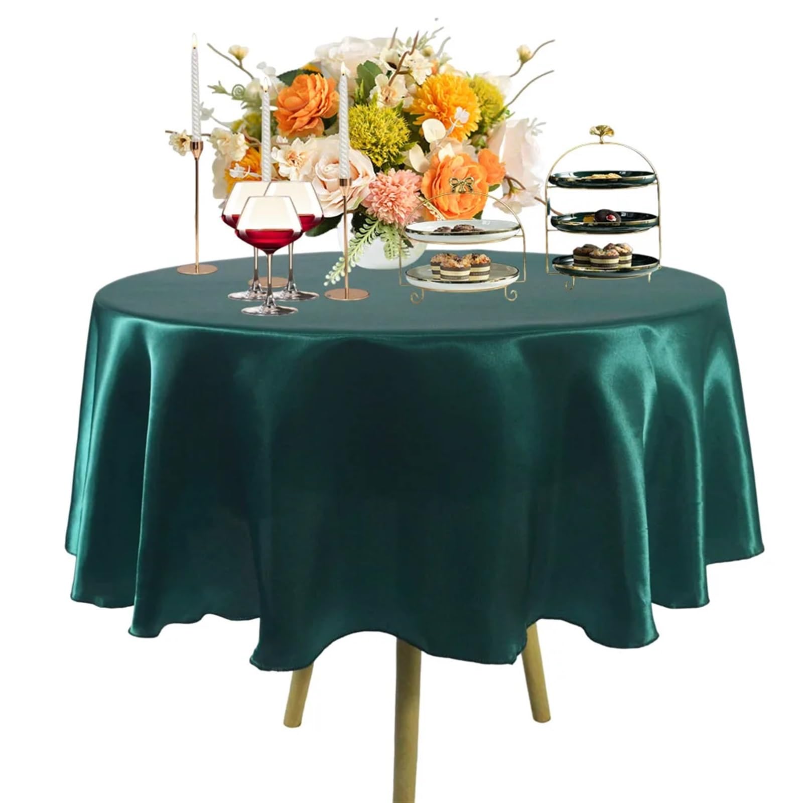 Obrus prostokątny, Okrągły obrus satynowy wielokolorowy 57-132 cali zmywalny dekoracja weselna(Green2,Round 335cm-132inch)