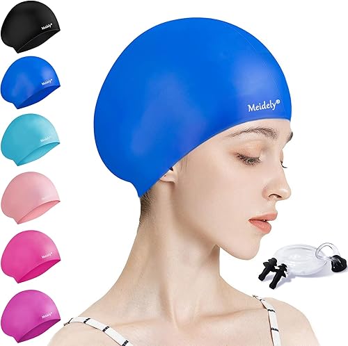 Meidely Silicone Swim Cap,Waterproof Swimming Cap for Curly Hair Short Hair Medium to Long Hair,Bathing Cap to Keep Your Hair Dry,Swimming Caps for
