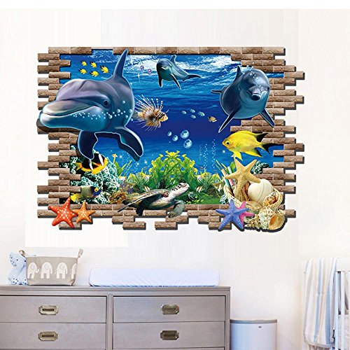 Hatop Kid Room Sea Whale Fish 3D Wall Stickers for Kids Room Removable Decoration DIY PVC Sticker