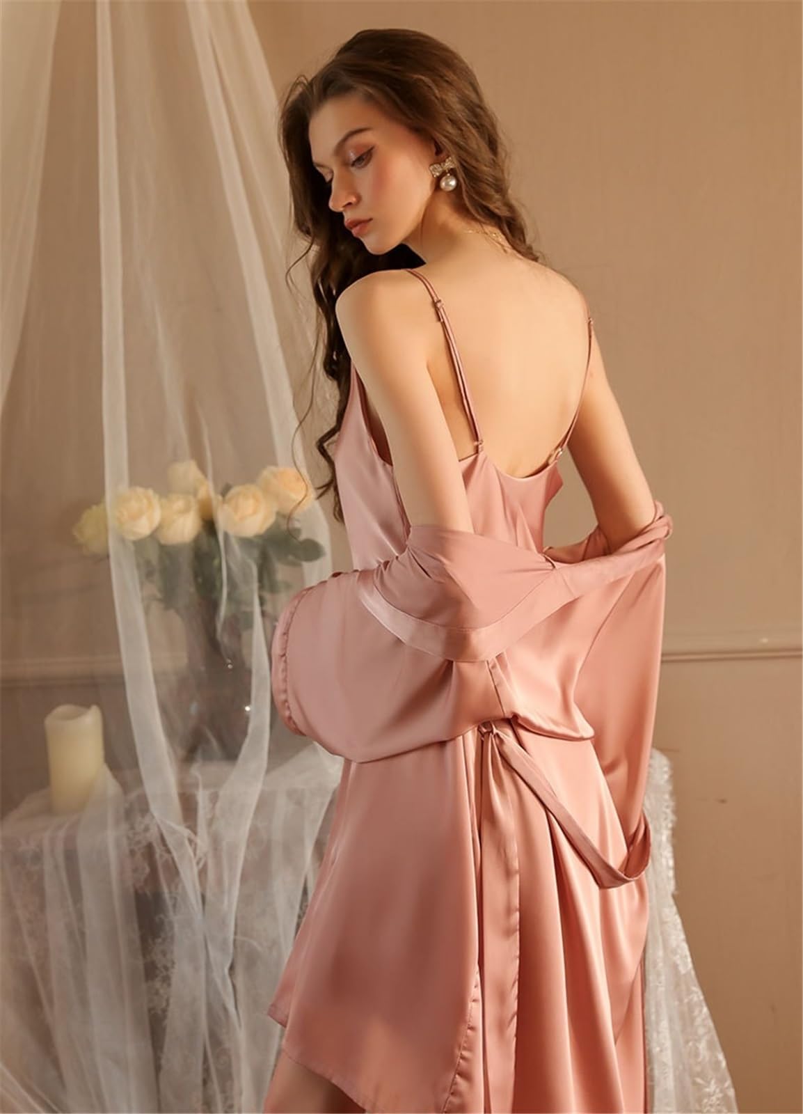 Femme Chemise Satin Col Bénitier Dentelle Lingerie