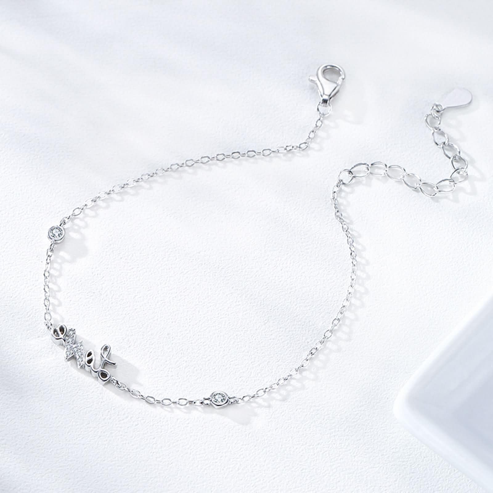 Pulseras de Oro Blanco 9 Kilates / 14 Kilates / 18 Kilates Mujer, Letra love con Diamante Creado, Cadena Extensible 16 CM + 5 CM, Pulseras para Mujer Plata